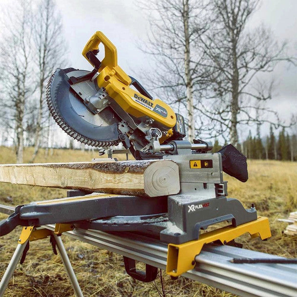 Dewalt DCS781X2 54V XR FLEXVOLT Brushless 305mm Sliding Mitre Saw, 2x 9.0Ah XR FLEXVOLT Batteries, Charger & DE7260 Folding Rolling Stand