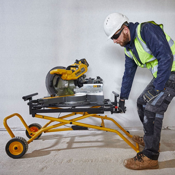 Dewalt DCS781X2 54V XR FLEXVOLT Brushless 305mm Sliding Mitre Saw, 2x 9.0Ah XR FLEXVOLT Batteries, Charger & DE7260 Folding Rolling Stand