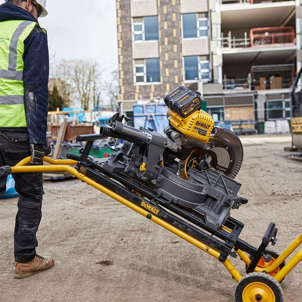 Dewalt DCS781X2 54V XR FLEXVOLT Brushless 305mm Sliding Mitre Saw, 2x 9.0Ah XR FLEXVOLT Batteries, Charger & DE7260 Folding Rolling Stand