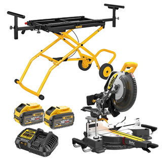 Dewalt DCS781X2 54V XR FLEXVOLT Brushless 305mm Sliding Mitre Saw, 2x 9.0Ah XR FLEXVOLT Batteries, Charger & DE7260 Folding Rolling Stand