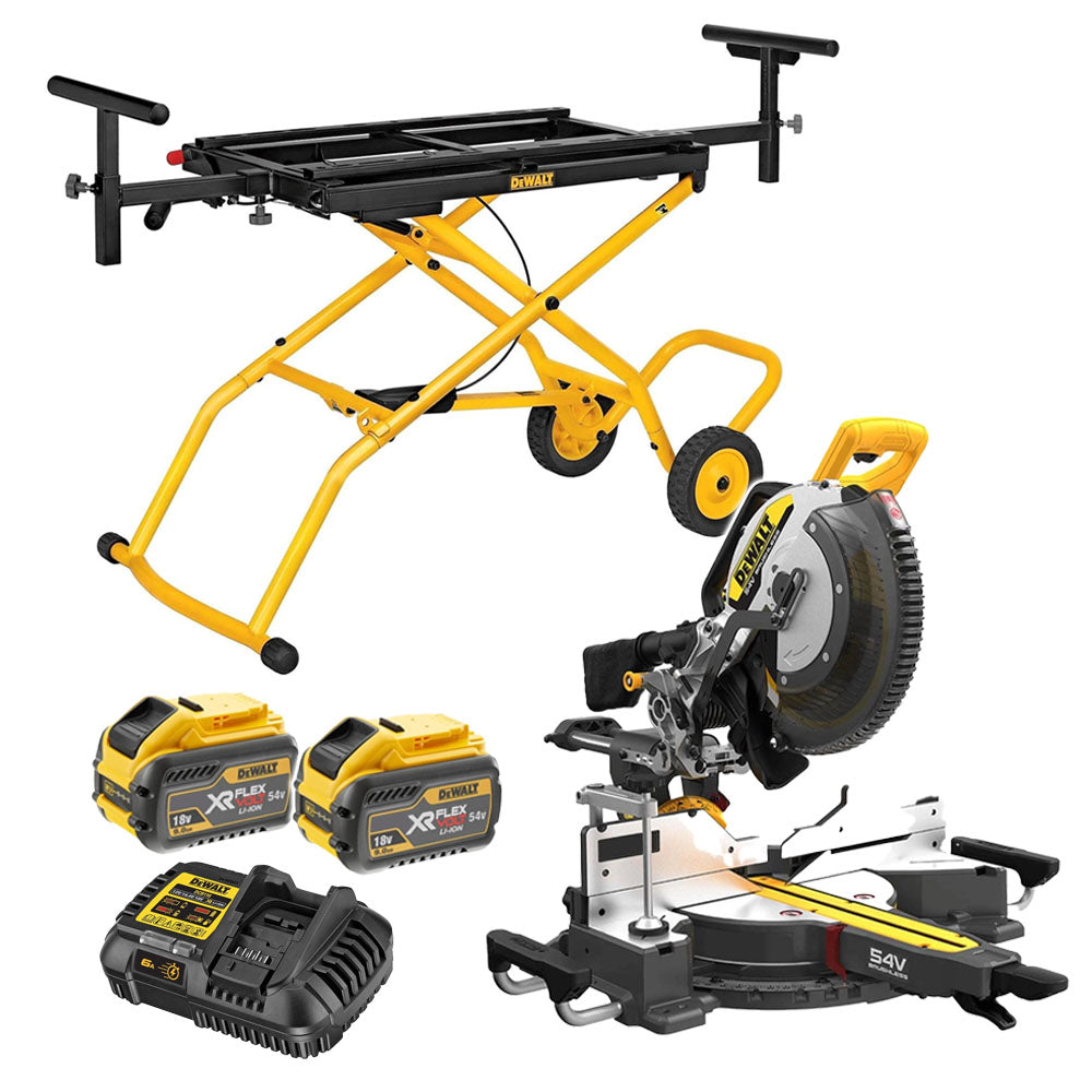 Dewalt DCS781X2 54V XR FLEXVOLT Brushless 305mm Sliding Mitre Saw, 2x 9.0Ah XR FLEXVOLT Batteries, Charger & DE7260 Folding Rolling Stand